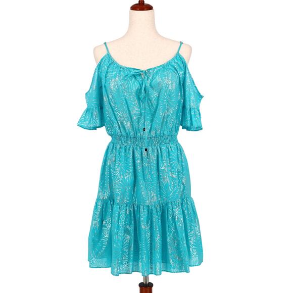Michael Kors Women Turquoise Cotton Cold-Shoulder Fit & Flare Mini Dress Size M - Picture 1 of 3